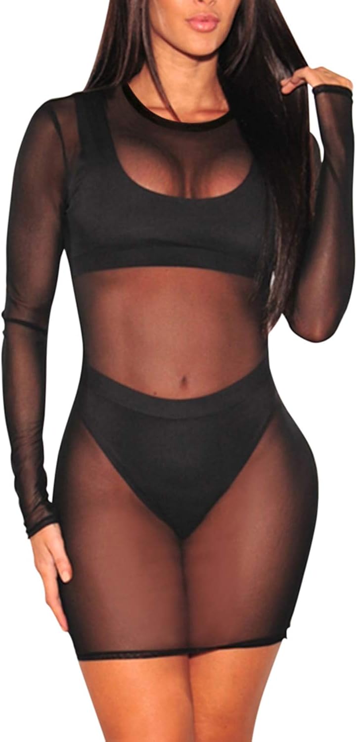 COCOLEGGINGS Women's Sheer Mesh Long Sleeve Beach Cover Up Dress at  Women’s Clothing store