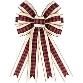 Large Christmas Bows for Wreaths - Red and Black Plaid Buffalo Bow, Beige Holiday Wreath Bow for Front Door, DIY Rustic Burlap Bow for Indoor Outdoor Christmas Wedding Party Decoration