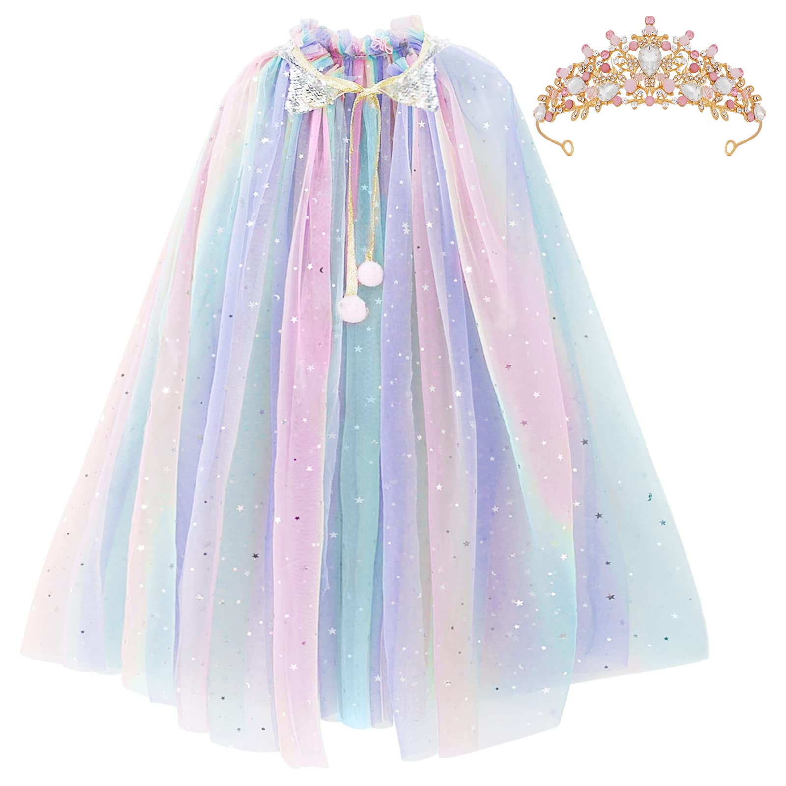 PHOGARY Princess Cape, Colorful Princess Cloak, Fancy Dress Costume with Sparkling Sequins Tulle, Carnival Birthday Party Cosplay Dress Up with Crown for Girls (Style B)
