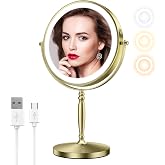 Matekxy 8" Makeup Mirror with Light, 1X/10X Magnifying Vanity Mirror, Gold | Magnification 2-Sided, Rechargeable, 3 Colors Dimmable, Adjustable Brightness, Tabletop Mirror, Brushed Gold