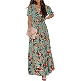 BLENCOT Womens Casual Boho Floral Printed V Neck Short Sleeve Long Evening Dress Ruched Cocktail Party Maxi Wedding Dress