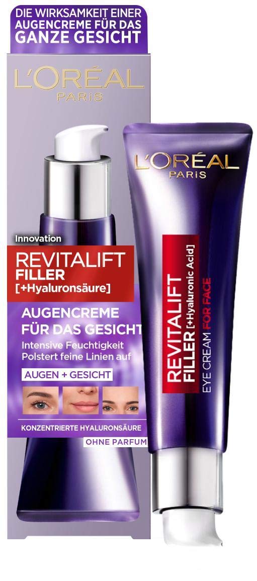 L'Oréal Paris Revitalift Filler Hyaluronic Acid Anti-Ageing Eye Cream for Face, Anti-Wrinkle and Volume, with Hyaluronic Acid, Vitamin CG & E, 30 ml