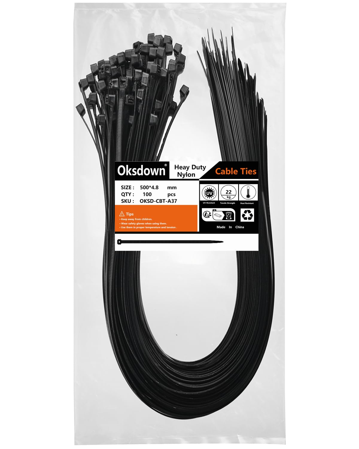 Oksdown 100 Pack Black Thick Cable Ties Heavy Duty Large 500mm×4.8mm Strong Nylon Plastic Self Locking 20 inch/50 cm Extra Long Zip Tie Wraps
