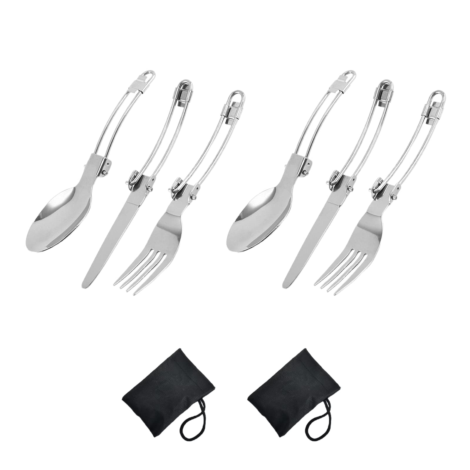 2 Sets (6 Pcs) Foldable Cutlery Set Portable Travel Stainless Steel Cutlery Travel Picnic Tableware with 2 Storage Bags for Picnic Hiking Camping Traveling
