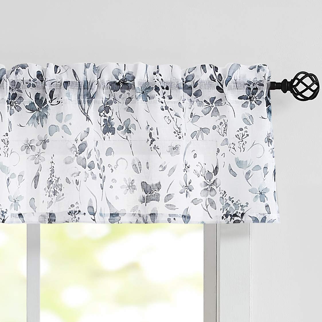 Photo 1 of Fragrantex Valance for Window Kitchen Curtain 15 Inch Length Dark Blue and Gray Flower Print on Linen Texture Sheer Short Small Curtains for Bathroom 56" W x 15" L Multicolor,1 Panel