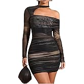 SOLY HUX Women's Asymmetrical Neck Bodycon Mini Dress Tie Dye Long Sleeve Ruched Cocktail Party Dresses