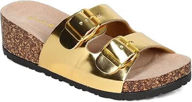 Amazon.com | Qupid Women Metallic Leatherette Double Buckle Wedge Footbed Sandal CD22 - Gold 