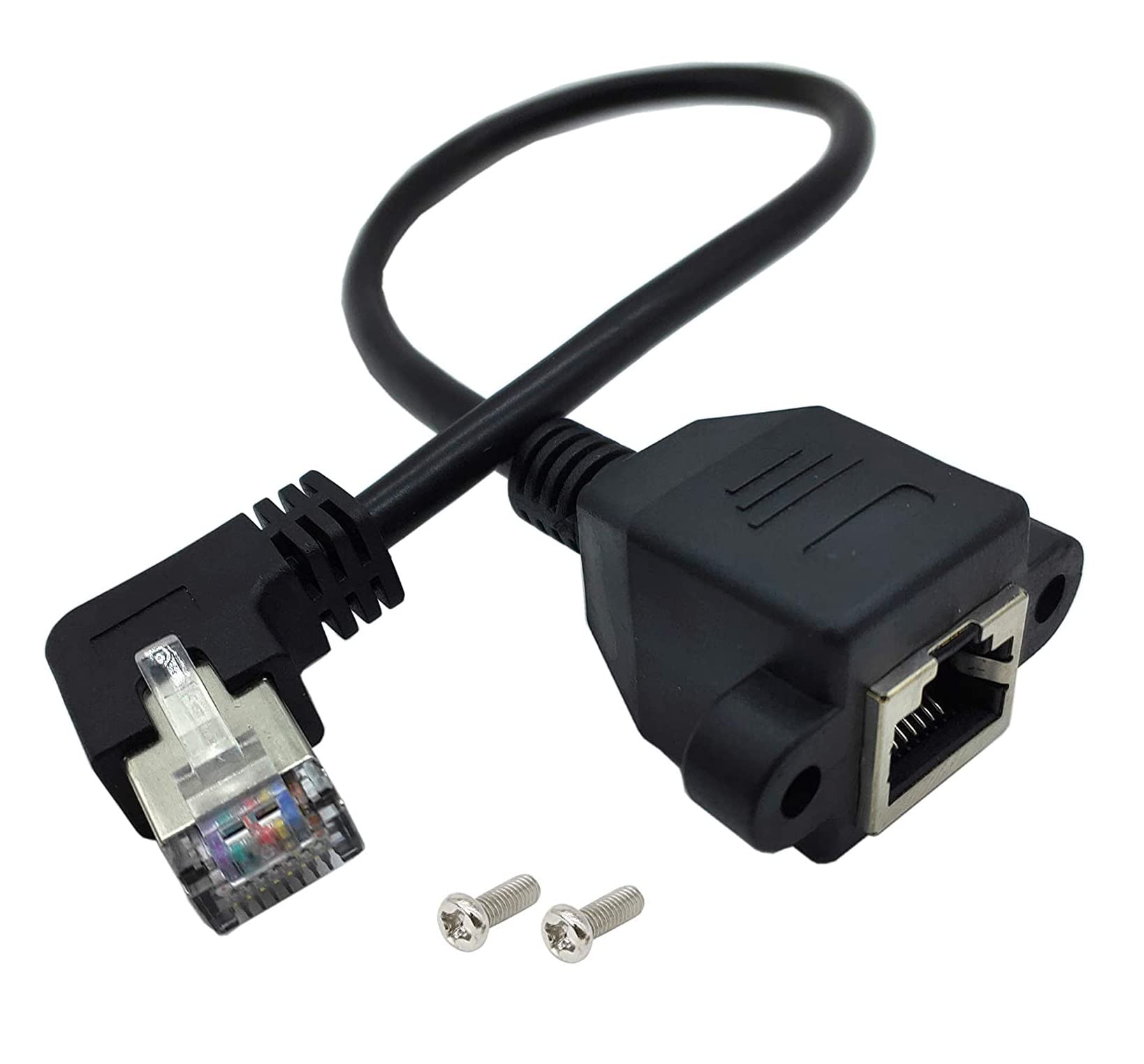 Qaoquda CAT6 Network Extension Cable,90 Degree RJ45 Male to Female Screw Panel Mount Extension Cable, Support Ethernet Cat 5e/Cat6-10 inch (Left) — image 1