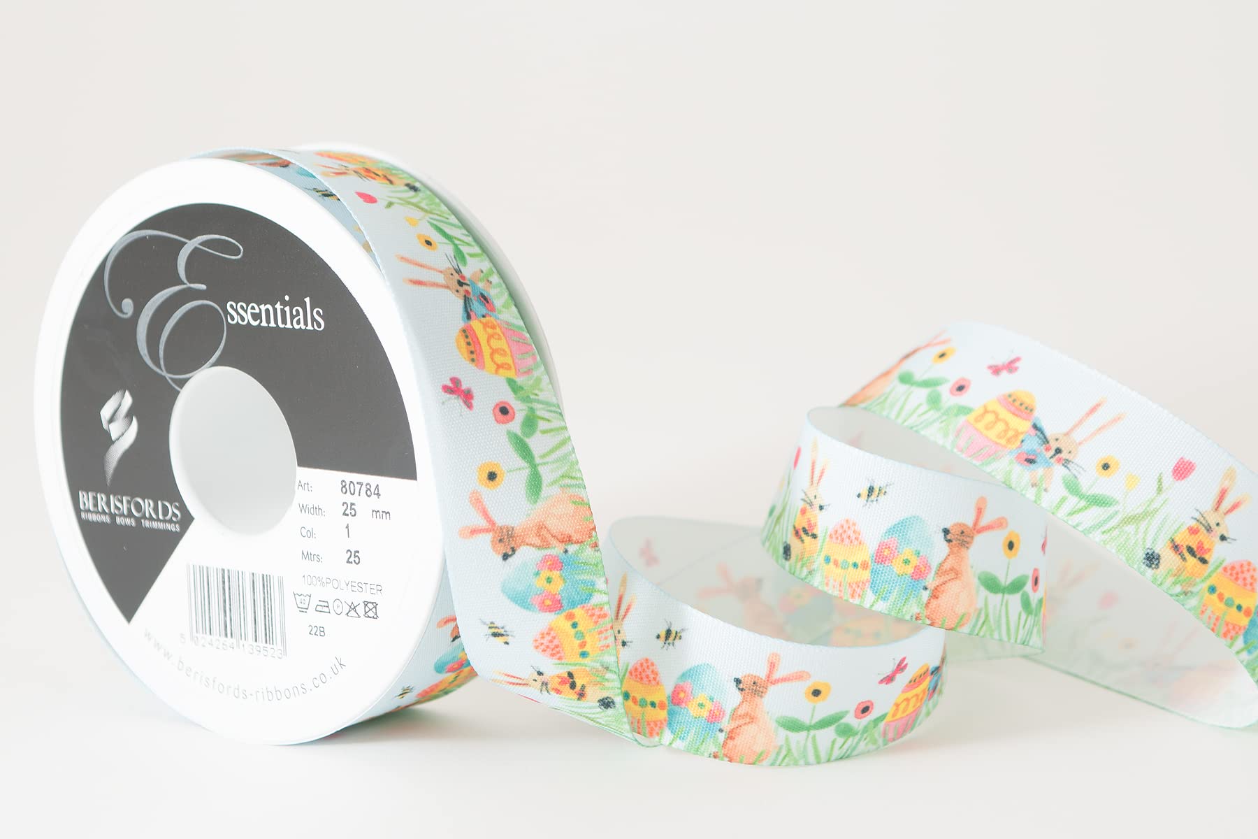Berisfords Taffeta Easter/Spring Patterned Ribbon ‘Bunny Love’ Multicolour on Blue 25mm Wide 25m Reel