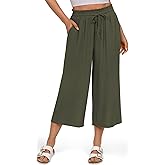 UEU Women's Linen Capris Wide Leg Ruffle High Waisted Pants Casual Drawstring Summer Loose Capri Pants with Pockets
