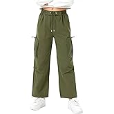 Curipeer Kids Girls Cargo Solid Pants Elastic Girls Stretch Multiple Pockets Long Pants 6-14T