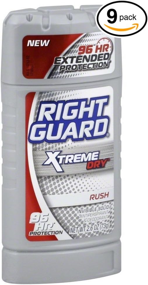 (Pack of 9 Bottles) Right Guard Xtreme Dry - Rush Men’s Stick Deodorant/Antiperspirant. 96 Hour Protection!! New & Improved! Totally Invisible Solid! (9 Bottles, 2.6oz Each)