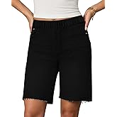 LOOKUB Women's Raw Hem Denim Bermuda Shorts Mid-Rise Long Jorts Baggy Pull On Strechy Jeans Shorts with Elastic Waist