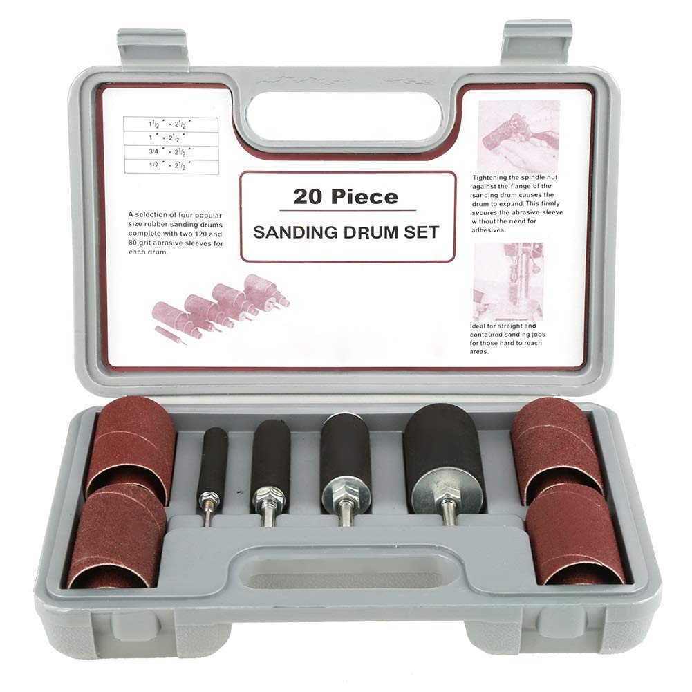 DEWIN Drum Sander Tool Kit, Rubber Sanding Drum Set Spindle Set Rubber Drums Sanding Sleeves with Case for Home Improvement Hobbies DIY Carpentry Wood Working 20Pcs