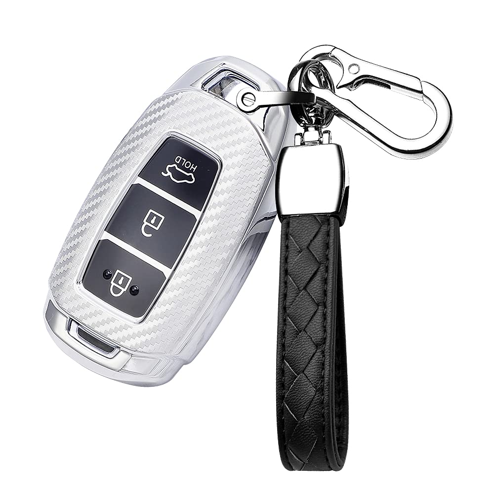 HIBEYO Smart Car Key Case Fits Hyundai Key Case Protective Cover TPU for Hyundai Kona i10 i30 ioniq Tucson Santa Fe Key Fob Remote Key Chain 3 Buttons Silver