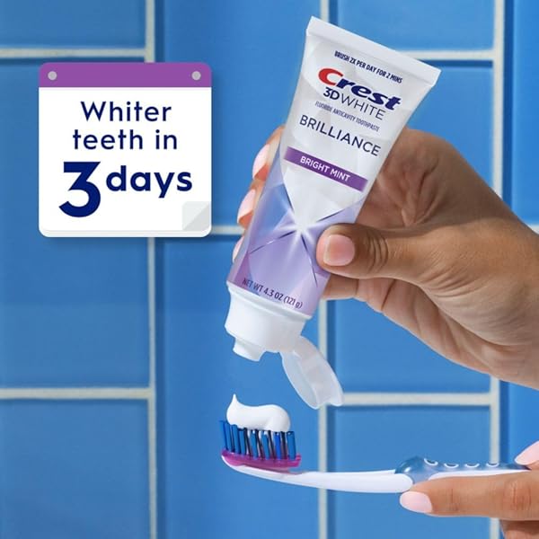 CREST 3D WHITE BRILLIANCE BRIGHT MINT TEETH WHITENING TOOTHPASTE, 4.3 OZ PACK OF 3, 100% MORE SURFACE STAIN REMOVAL, 24 HOUR ACTIVE STAIN PREVENTION, WHITER TEETH IN 3 DAYS