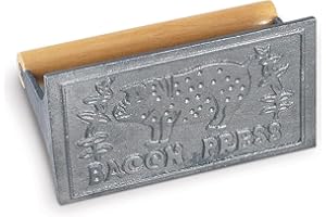 HIC Kitchen Bacon Press, Heavyweight Cast Iron, Rectangular With Wood Handle, For Stovetop Grill And Griddle