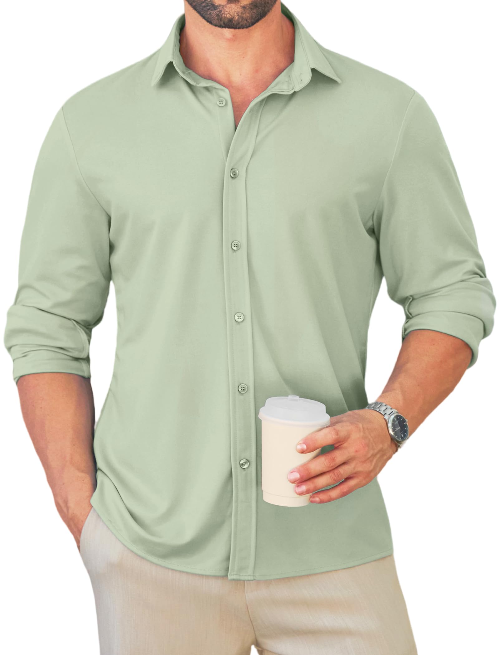 Photo 1 of MAPICK Mens Casual Button Down Shirt Long Sleeve Slim Fit Dress Shirts Collared Work Untucked Shirts (Sage Green,XX-Large)