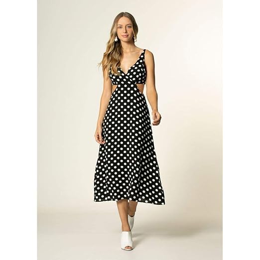 Vestido Midi Poá Recorte Vazado