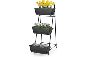 BTY 3 Tier Vertical Garden Planter Small Raised Garden Bed Freestanding Plastic Raised Planter Boxes Herb Planter Stand with Removable Tray for Indoor Outdoor Herbs Flowers Vegetables Plants Grey