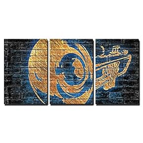 3 Piece Canvas Wall Art - Copper Trumpet with Blue Silhouette on a Dark Brick Background - Modern Home Art Stretched and Framed Ready to Hang - 16"x24"x3 Panels