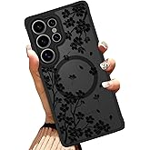 OOK Case Fit for Samsung Galaxy S25 Ultra 6.9 Inch (Wireless Charging Compatible) Cherry Blossom Black Floral Flowers Phone Cover Soft TPU + Hard PC Anti-Scratch Shockproof Magnetic Case for Women