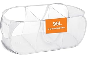 BEMKOO Durable Collapsible Laundry Baskets, Foldable Mesh Pop Up Laundry Basket, 3 Compartments Laundry Hamper, Easy to Carry & Sort Clothes Hampers for Laundry, Home, Dorm, Travel White