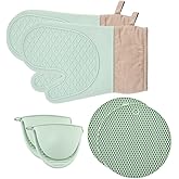 Oven Mitts and Pot Holder 6pcs, UNOSCHRIM Silicone Oven Gloves with Silicone Trivet Mats and Mini Oven Gloves, Multipurpose Heat and Slip Resistant BBQ Gloves for Kitchen Cooking or Baking, Green