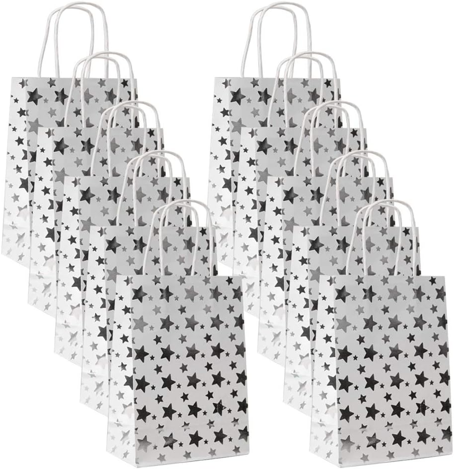 Paper Bag, 10 Pieces Hot Stamping Process Shining Stars Pattern Reusable Thicken with Handle Storage Paper Bag, Suitable for Gifts, Food, Sundries, Cosmetics, Clothing (Silver)