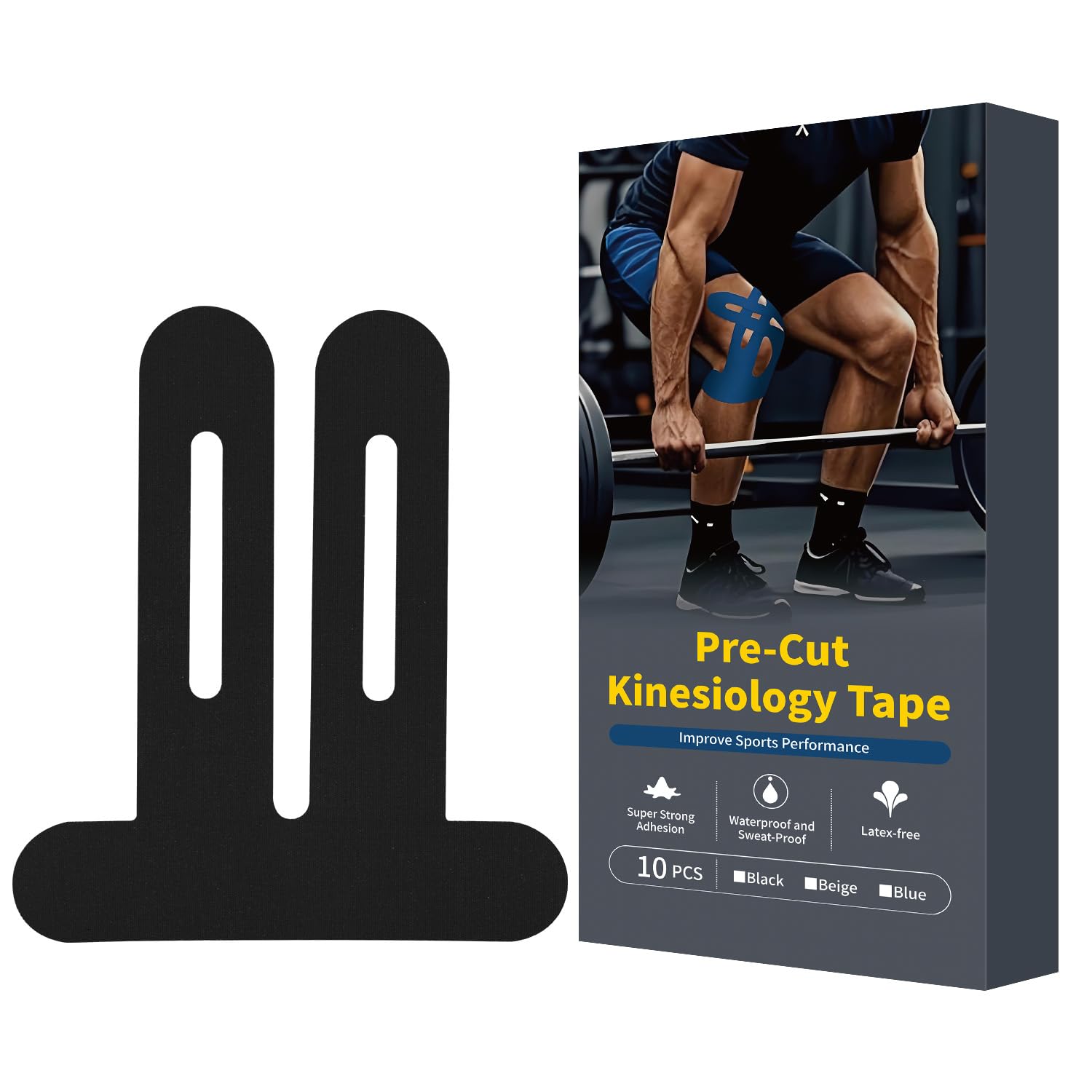 Photo 1 of 10 Pcs Knee Support & Stability, Precut Kinesiology Tape for Knees, Knee Pain Relief Athletic Tape - Waterproof & Elastic, Breathable Hypoallergenic Latex-Free Tape (Black)