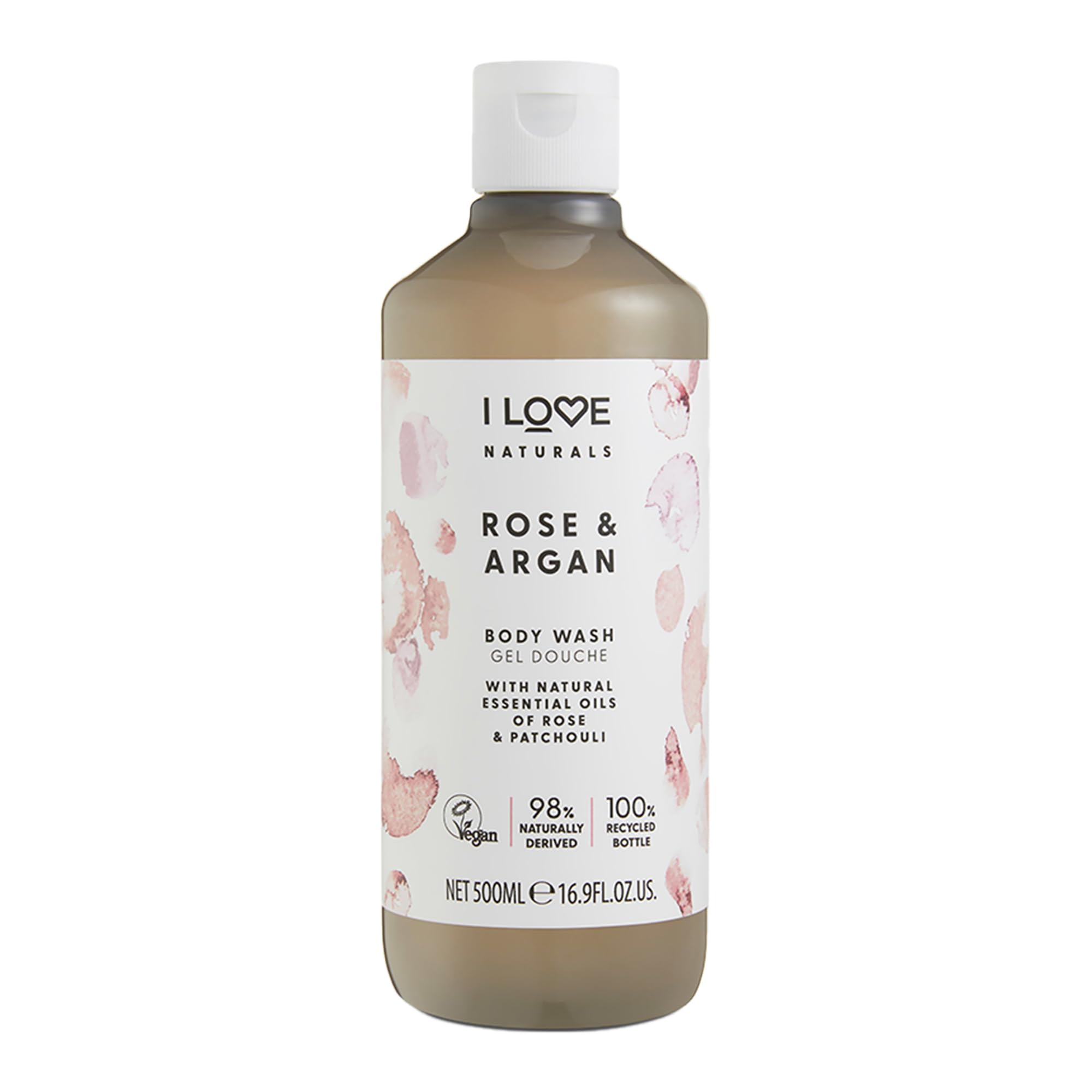 I Love Naturals Rose & Argan Body Wash with Natural Oils of Rose & Patchouli – Essential Oil-Infused Moisturising Shower Gel for Soft, Smooth Skin – Vegan & Cruelty-Free 500ml