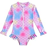 JZyangmei Toddler Girls Rash Guard Swimsuit Long Sleeve One Piece Zipper Ruffle Bathing Suit UPF 50+ Beach Swimwear 2-8Y