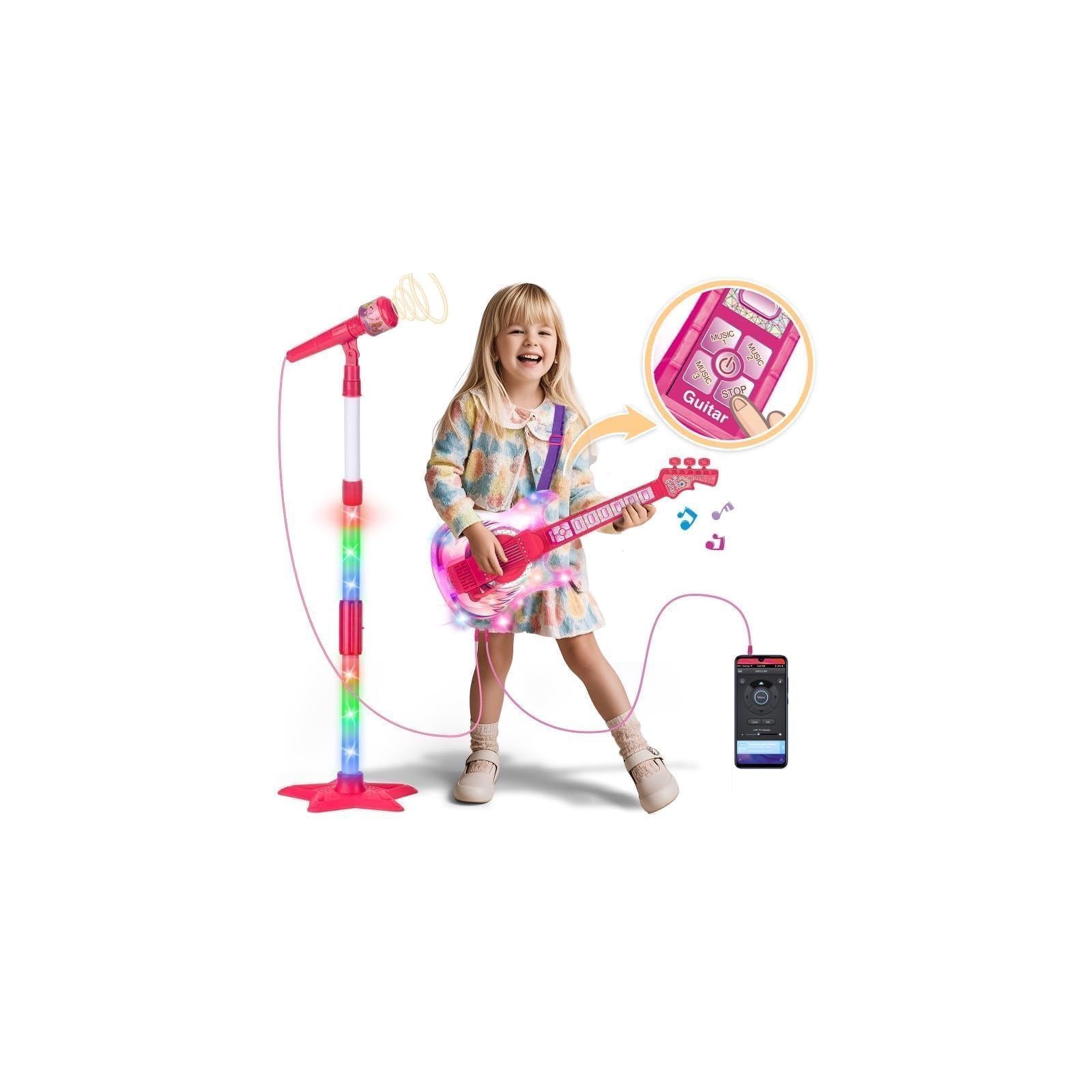 Photo 1 of Kids Guitar and Microphone Set, Microphone with Stand and Color Light, Toy Guitar with Strap and Adjustable Volume, Toddler Musical Instrument for 5-9, Kids Karaoke Machine for Boy Girls (Pink)