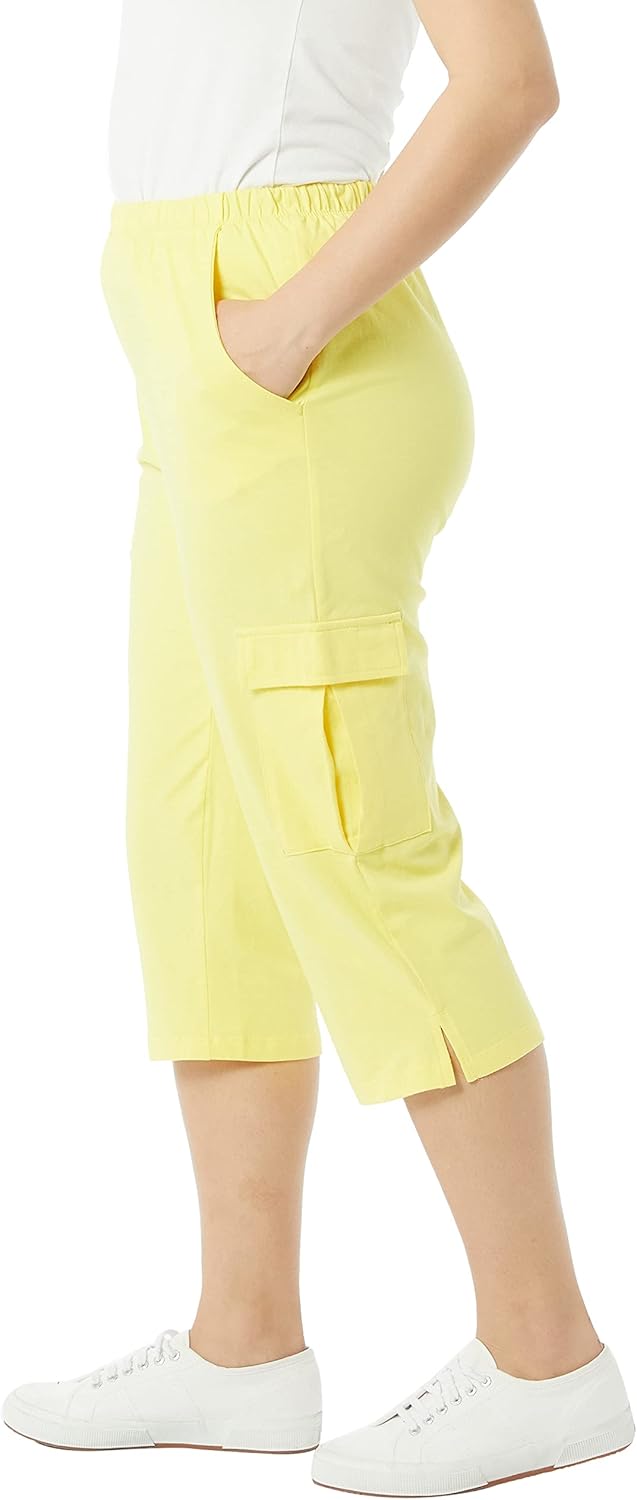 AmeriMark Women's Cargo Capris - 100% Cotton Pants with Stretch Elastic Waist at  Women’s Clothing store
