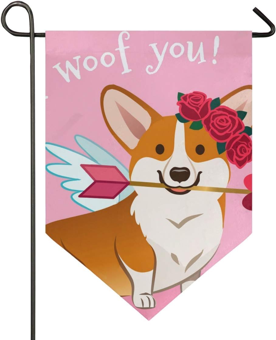 Valentine's Day Yellow Dog Unique Dress Up Garden Flag Banner Long Polyester Decorative Flag for Wedding Anniversary Home Outdoor Garden Decor Season Porch Lawn Double Sided 12 x 18.5 inches