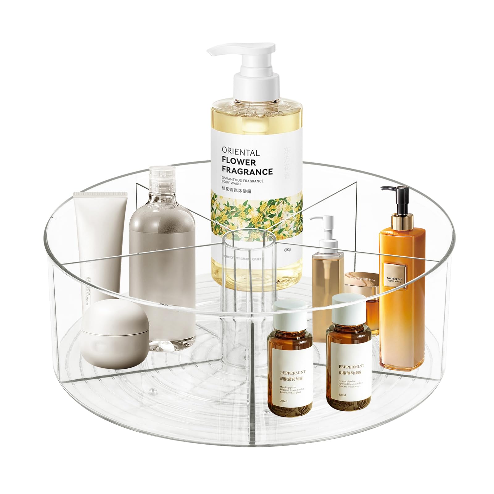 Photo 1 of 360° Rotating Makeup Organizer 11.5" Clear Turntable Lazy Susan Organizer for Vanity, Bathroom Counter, Pantry, Cabinet, Spinning Cosmetic Storage Holder with 5 Dividers for Skincare, Makeup Brushes