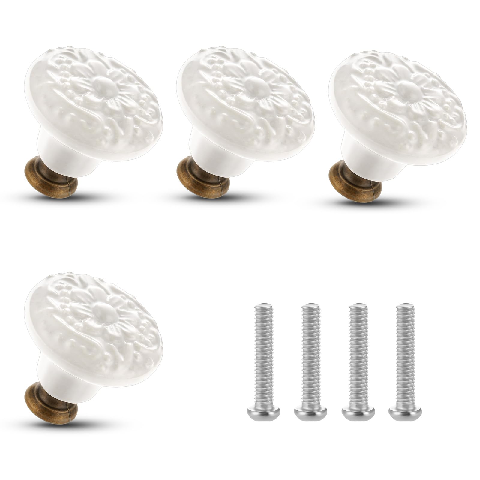 ASTER 4 Pcs Vintage Flower Cabinet Knobs, Decorative Furniture Drawer Knobs with Mounting Screws, Diameter 1.4 inch(White)