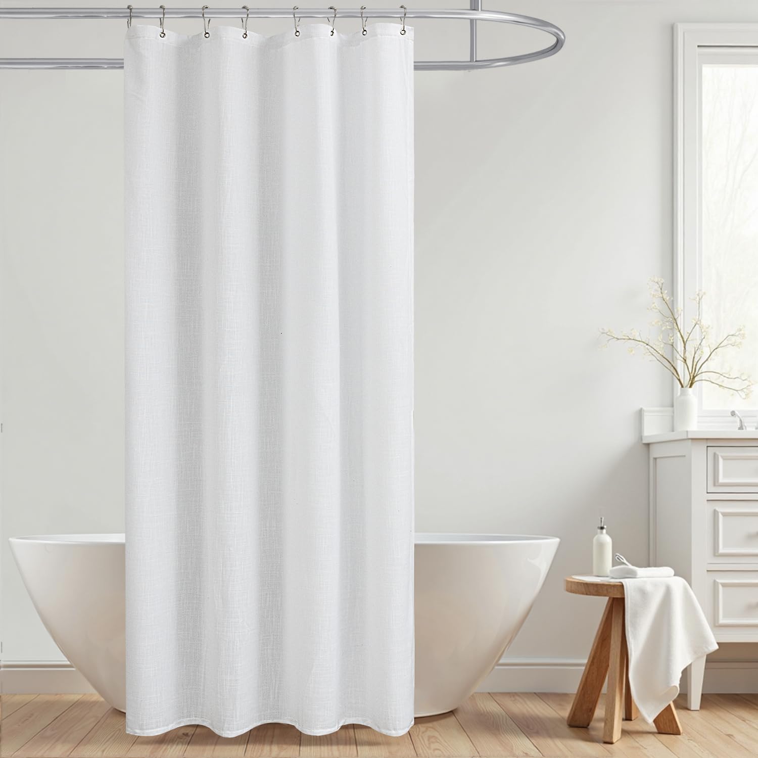 KOUFALL White Waterproof Linen Fabric Shower Curtain 54x72 Inch Length