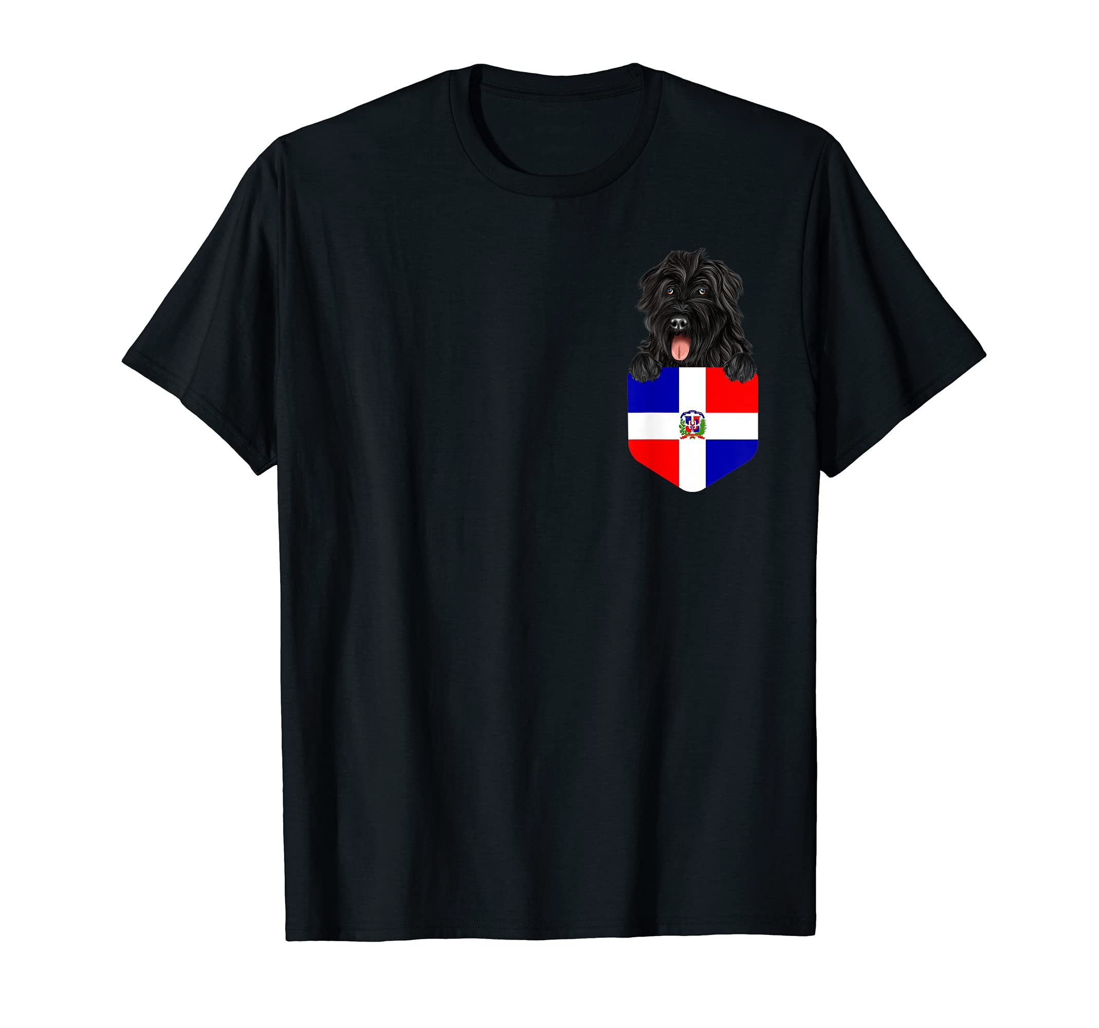 Dominican Republic Flag Bouvier des Flandres Dog In Pocket T-Shirt