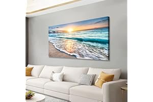 Beach Wall Art Canvas Prints Seascape Picture Framed House Decor Natural Landscape Poster Blue Ocean with White Waves Sunset 
