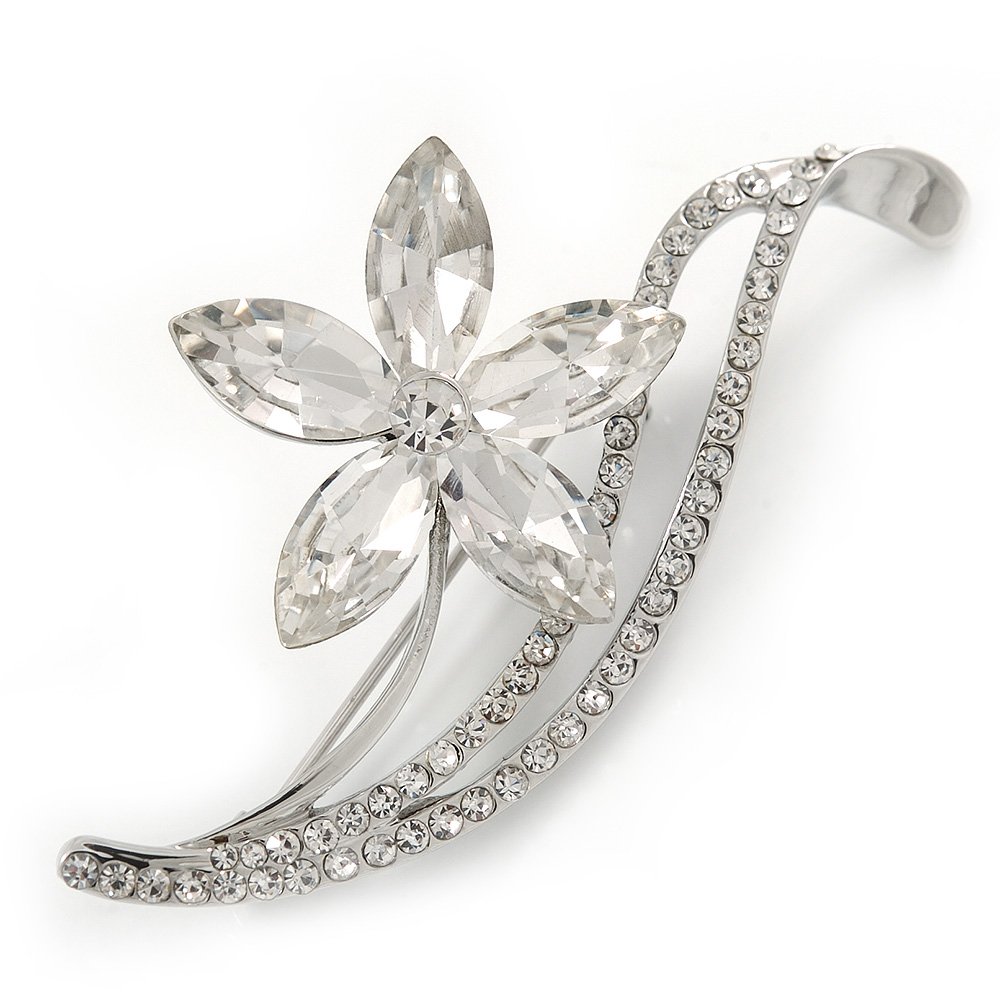 Clear CZ, Crystal Flower Brooch In Rhodium Plated Metal - 55mm Across