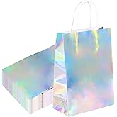 W WINTMING 20Pcs Iridescent Party Favor Bags Silver Gift Bags Reusable Iridescent Goodie Bag Holographic Paper Bag with Handles for Birthday Wedding Thank You Graduation Party Supplies