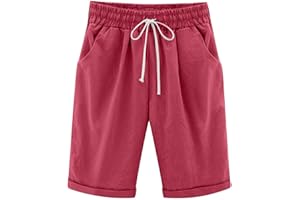 Qeaghou Bermuda Shorts for Women Knee Length Cotton Linen Casual Shorts Drawstring High Waisted Shorts Jogger Athletic Shorts