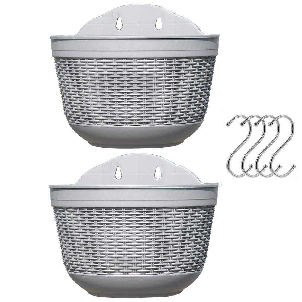 BULZEU Set of 2 Pcs Hanging Planters Outdoor Hanging Basket Plastic Flower Pot Plants Holder Hanger for Balcony Fence Wall Mounted Planters Hanging Fence Planters with Drainage and 4 Hooks