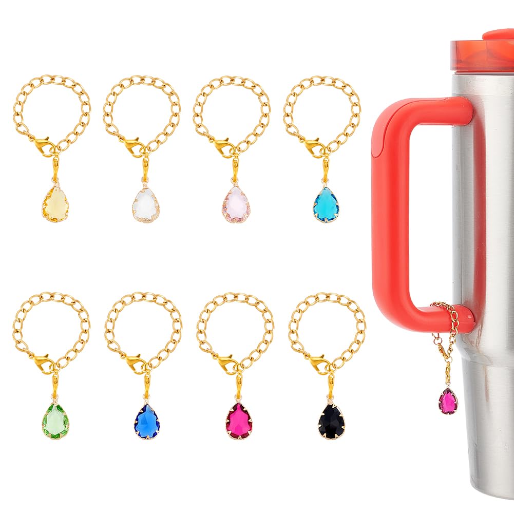 UNICRAFTALE 8Pcs 8 Styles Cup Charms Golden Brass Teardop Charms Tumbler Charms Water Bottle Chain Charms for Tumblers Bottle Cup Accessories 116mm Long