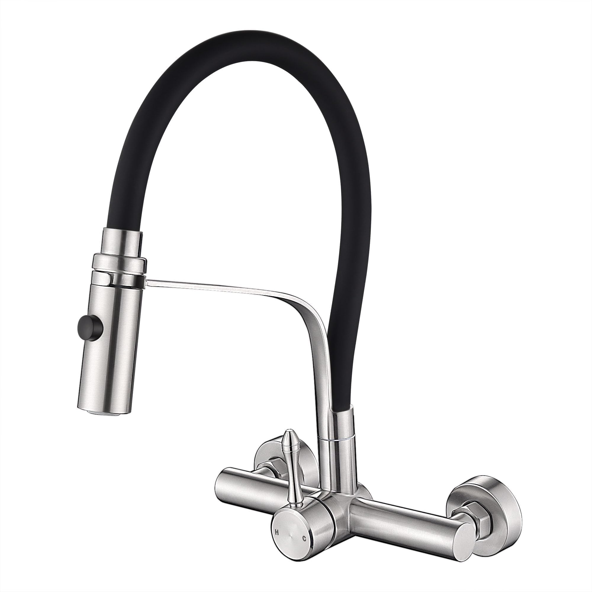 Photo 1 of Wall Mount Kitchen Sink Faucet with Sprayer 8 Inch Center, Flexible Silicone Hose, NSF Lead-Free Certified, 360 Degree Swivel Spout, Commercial Utility Sink Mixer Taps