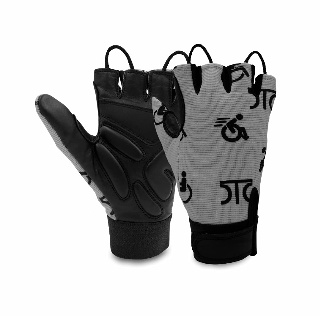 D.C.T Wheelchair Gloves Real Leather Palm Gloves Mobility Padded Gloves Breathable, Fingerless Bike Gloves with Anti-Slip Grip Lightweight Cycling Gloves (Grey, L/XL)