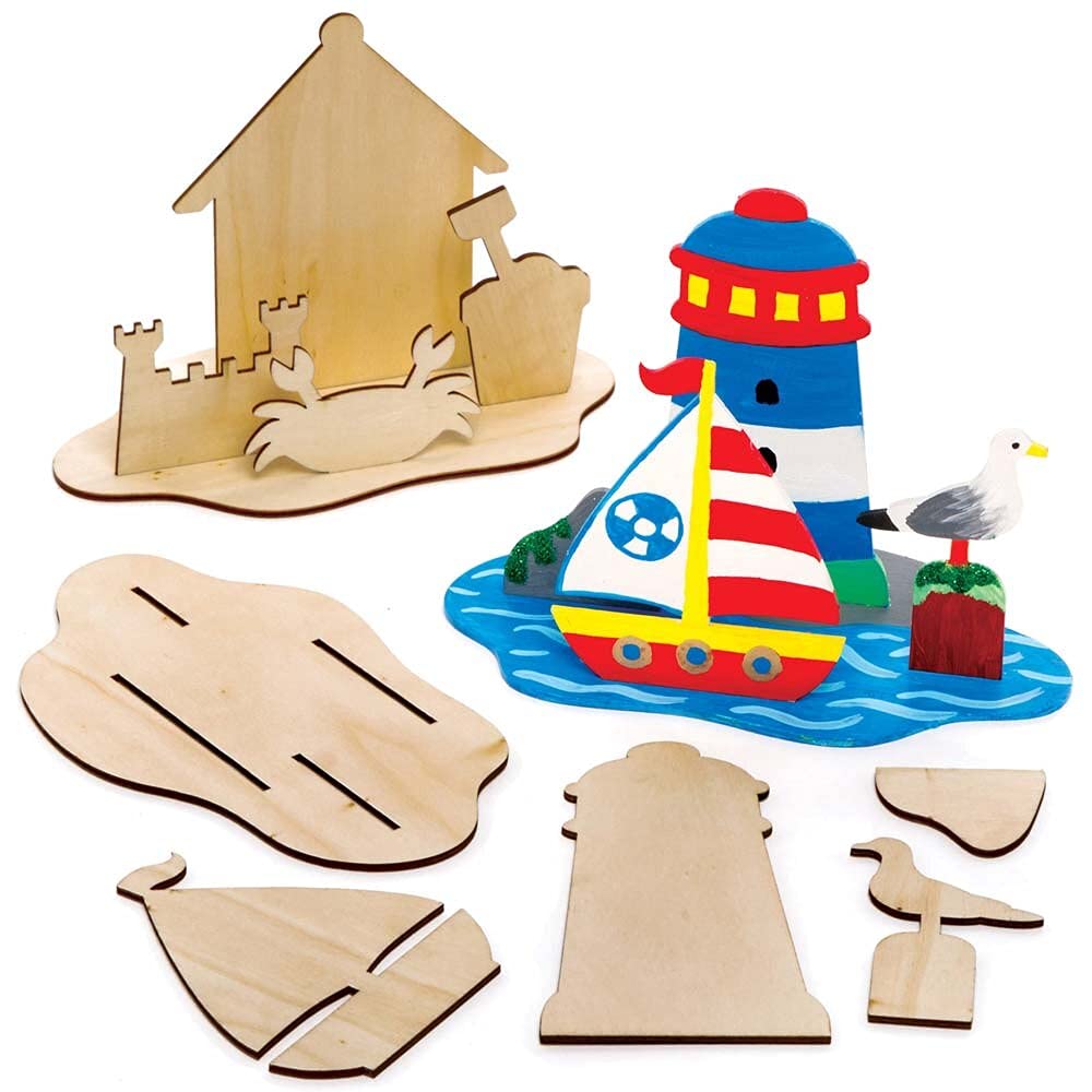 Baker Ross FE342 Seaside Wooden Scene Kits - Pack of 4, Woodcraft Construction Kits For Kids Arts and Crafts Projects