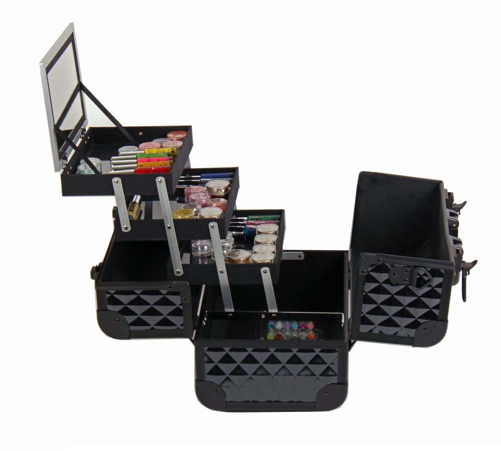 SHANY Premier Fantasy Professional Makeup Train Case Cosmetic Box Portable Make up Case Organizer Jewelry storage with Locks, 3 Trays, Makeup Brush Holder and Cosmetics Mirror - Black Diamond