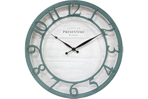 Presentime & Co 13" Farmhouse Series Wall Clock, Shiplap Style, Silent No Ticking, Coastal Clock, Raised 3D Arabic Numeral, Aged Teal Finish